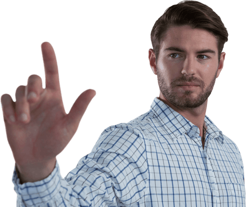 Confident Man in Checkered Shirt Using Transparent Virtual Interface - Download Free Stock Videos Pikwizard.com