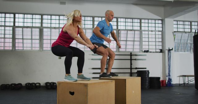 Fit caucasian woman and man jumping on pylo boxes at the gym. sports, training and fitness concept