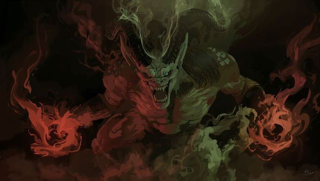 Demonic creature conjuring fire in eerie dark void illustration