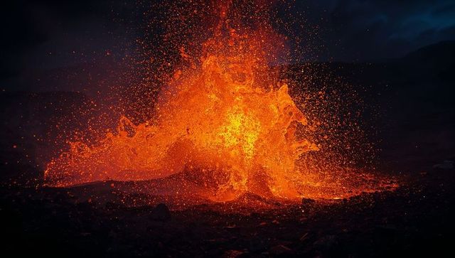 Erupting Lava Fountain Illuminates Night Sky with Molten Display