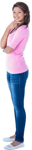 Confident young woman in pink top posing transparent