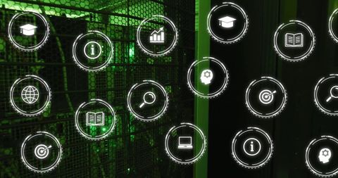 Digital Business Icons Hovering Over Server Room Setup - Download Free Stock Images Pikwizard.com