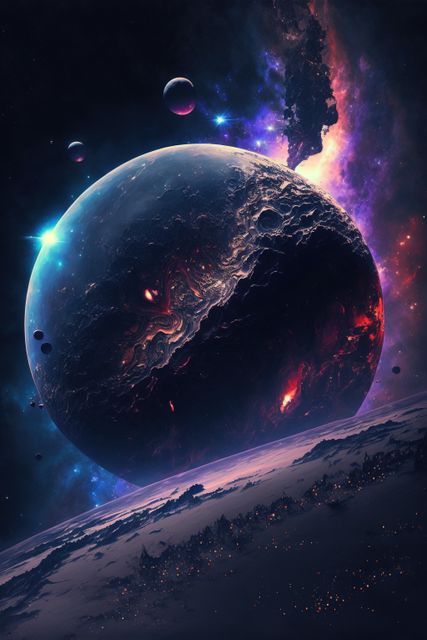 Stunning depiction of an alien planetary landscape in deep space, showcasing vibrant colors and celestial bodies. Ideal for use in science fiction art, book covers, space-related articles, educational materials about astronomy, and digital backgrounds.