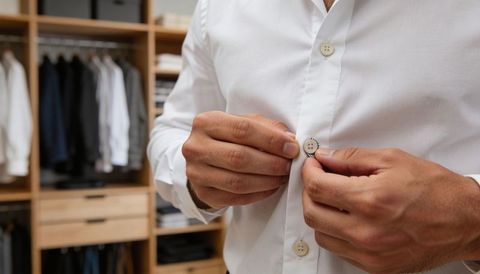Man fastening white dress shirt button while preparing for business meeting