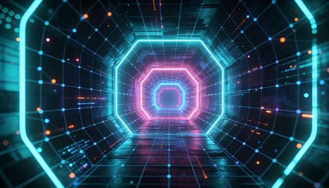 Glowing pulsing futuristic neon tunnel with octagonal frames and digital grid nodes