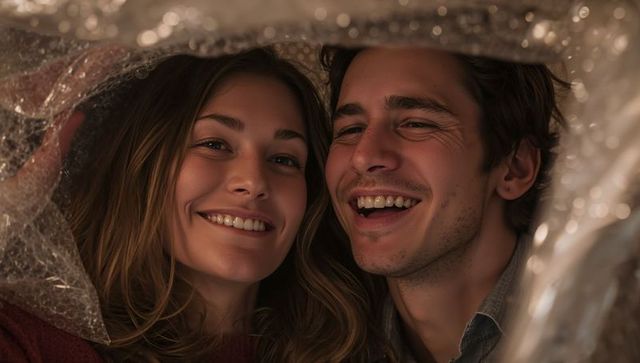 Laughing couple cuddling under bubble wrap, cozy romantic moment with warm soft bokeh