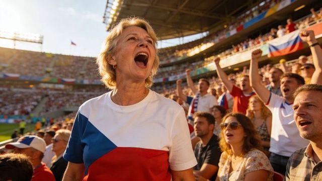 Senior fan shouting passionately in sunlit stadium wearing blue-red team shirt