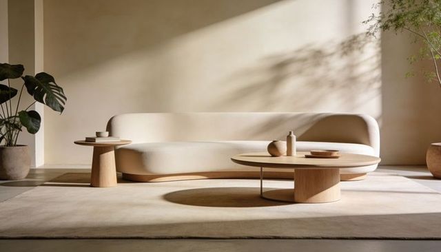 Curved beige sofa in minimalist living room with sculptural wooden tables and soft daylight