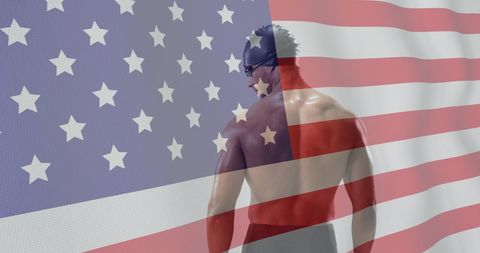 U.S. Flag Overlay Biracial Male Swimmer Training
