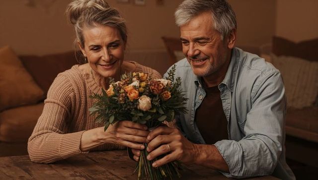 Senior couple arranging autumn rose bouquet on rustic wooden table in cozy living room