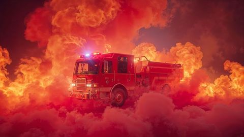 Fire truck amid surreal red smoke with blazing emergency lights