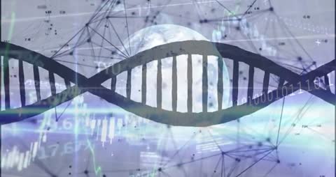 Futuristic DNA Helix with Global Digital Data Charts