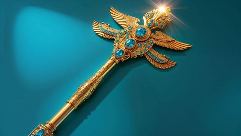 Ornate gold scepter on teal surface with blue gemstones