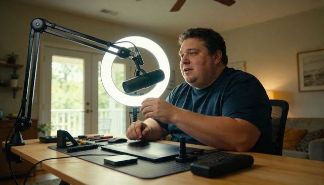 Recording Podcast Speaking into Boom Microphone Using Ring Light and Tablet in Home Studio