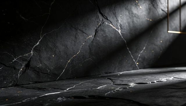 Black marble surface showing gold veins and dramatic diagonal light