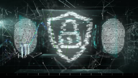 Futuristic Digital Security with Shield and Biometric Interface