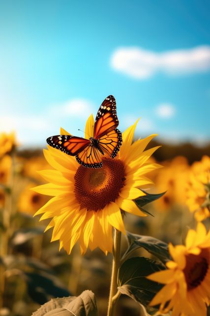 Image showcases a vibrant monarch butterfly resting on a bright sunflower under a sunny sky, perfect for use in nature-themed content, educational materials on pollination, or promoting summer and outdoor activities. Ideal for websites, blogs, and social media related to gardening, butterfly conservation, and environmental awareness.
