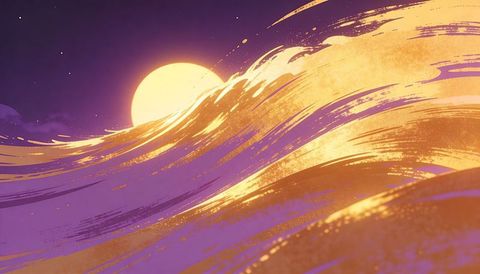Golden wave cresting at sunset, glowing painterly seascape with sparkling gradient horizon