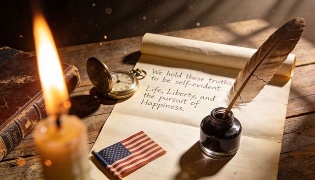 Quill pen writing declaration excerpt on aged parchment with pocket watch and candlelight