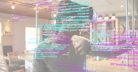 Man wearing ar headset in modern cafe interacting with holographic code and ui overlays