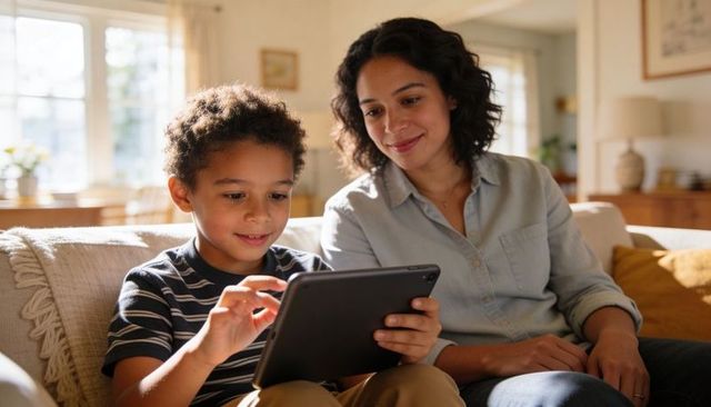 Mother and Son Sharing Tablet on Sunlit Sofa Connecting Over Learning and Play