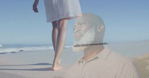 Serene contemplation by ocean waves: double exposure