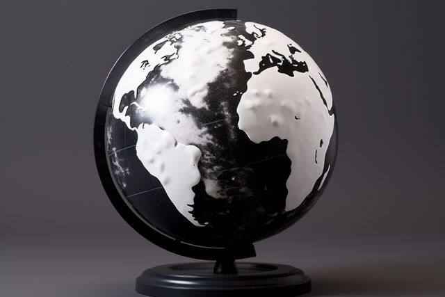 A black and white globe on a stand, ideal for educational settings. It represents global geography and can be a useful tool for teaching in schools or at home.