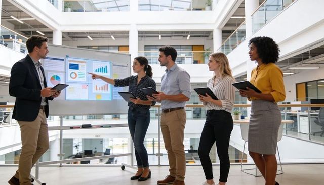 Business team presenting data dashboards using tablets in modern office atrium