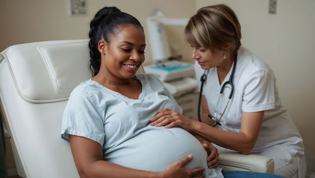 Smiling expectant woman cradling pregnant belly during prenatal checkup with clinician