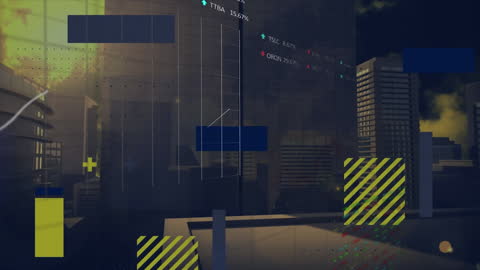 Financial Data Animation Over Cityscape Skyscrapers