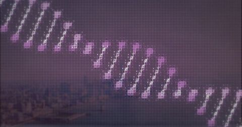 Abstract purple dna double helix over urban landscape