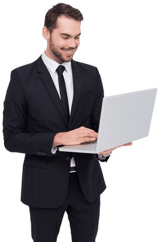 Happy Businessman in Suit Using Laptop on Transparent Background - Download Free Stock Videos Pikwizard.com