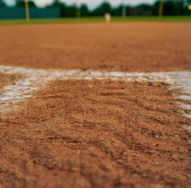 Close up of baseball diamond pic with white base and lines. Global sport, baseball and lifestyle concept.