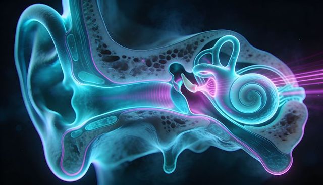Neon glowing cross-section of human ear showing cochlea, ossicles, eardrum and sound waves