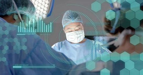 Surgeon performing surgery with augmented reality hud and data overlays in or