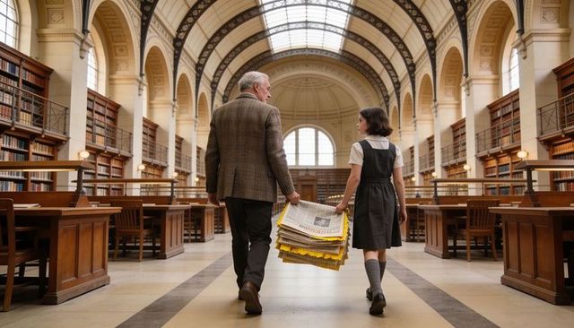 Elderly man walking with schoolgirl carrying yellow-edged newspapers in grand library aisle