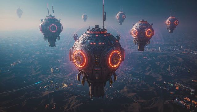 Futuristic Drones Hovering Over Cityscape at Twilight