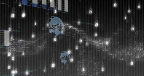 Global Data Stream Visualizing Binary Flow and Particle Ribbon in Futuristic Dashboard