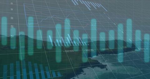 Futuristic data visualization on natural coastal landscape