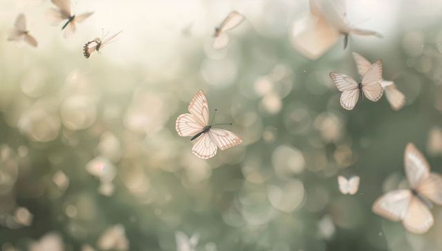 Cream butterflies floating through soft bokeh meadow light creating ethereal pastel mood