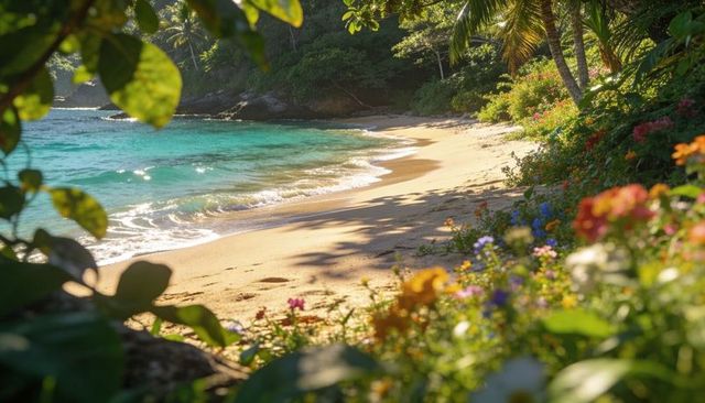 Sunlit tropical cove revealing secluded sandy shore with turquoise surf and palm trees