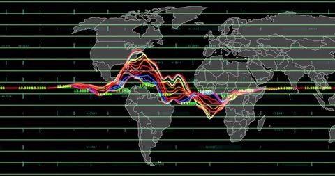 Multicolor Neon Waveform Crossing World Map with Grid for Global Data Analytics Dashboard