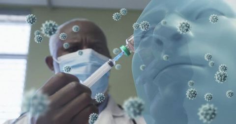 Doctor drawing vaccine into syringe with 3d virus overlay, clinician preparing injection
