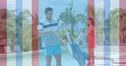 Happy American Family Enjoying Summer Vacation by Pool