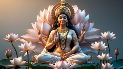 Hindu Goddess with Lotuses Radiating Calm and Spirituality