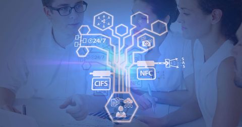 Business team analyzing digital data interface virtual icons