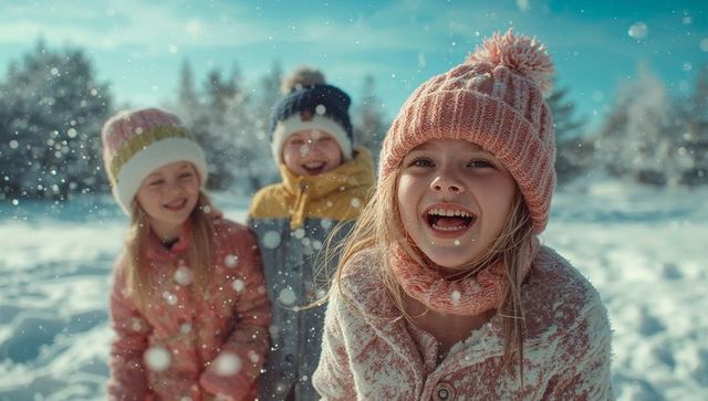 Joyful Children Playing in Snowy Winter Landscape