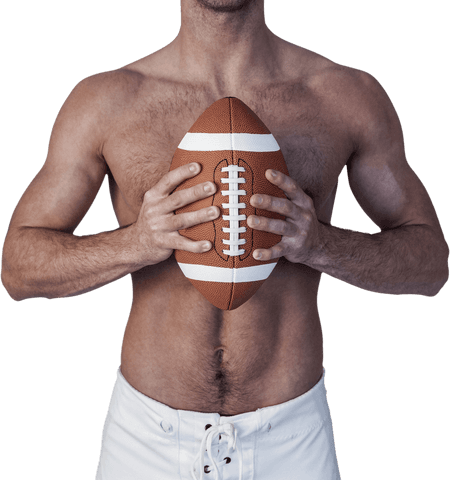 Transparent Shirtless Male Holding Rugby Ball Close-Up