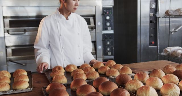 Baker Inspecting Freshly Baked Bread Rolls in Industrial Kitchen - Download Free Stock Images Pikwizard.com