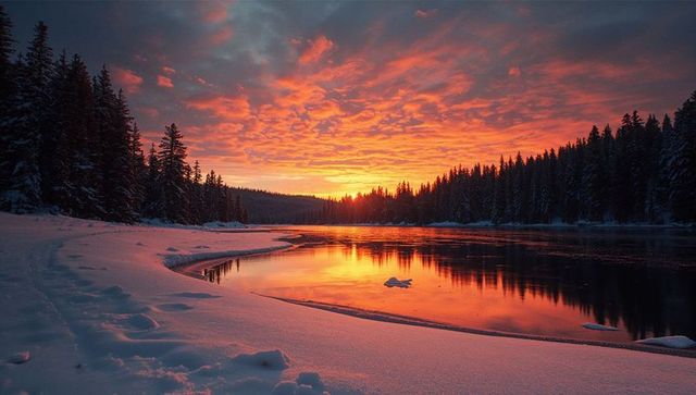 Majestic Winter Sunset over Snow-Capped Lake and Trees